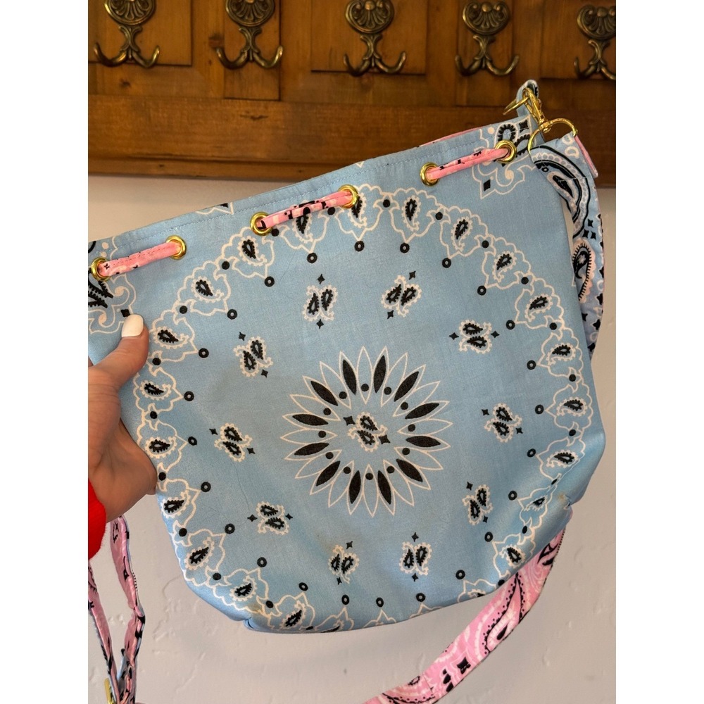 Handmade Reversible Bandana Bucket Bag Pink Blue Paisley Crossbody Drawstring